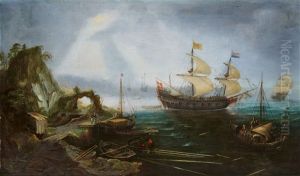 Coastal Landscape With A Warship At Anchor by Cornelis Claesz van Wieringen