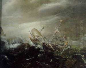 A Merchantman Foundering In A Storm Off A Rocky Coast by Cornelis Claesz van Wieringen