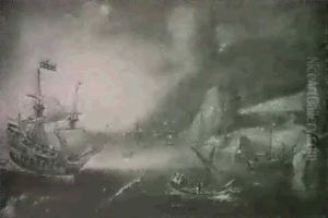 A Man-of-war And Other Ships On A Rocky Coast; And Shipping Off A Coastal Village by Cornelis Claesz van Wieringen