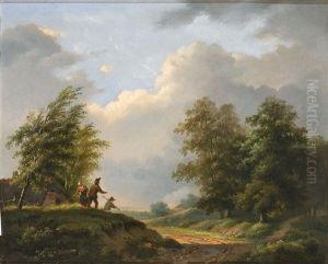 Von Einem Feuer Auf Offenem Feld Aufgeschreckte Bauern In Sommerlicher Landschaft by Henricus-Franciscus Wiertz