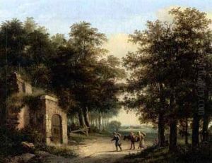 Travellers In A Wooded Landscape Arriving At A Ruin by Henricus-Franciscus Wiertz