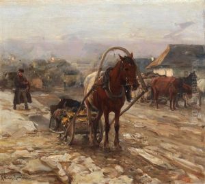 Horse And Cart On The Village Street by Alfred von Wierusz-Kowalski