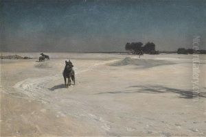Vier Wolfe In Schneelandschaft by Alfred von Wierusz-Kowalski