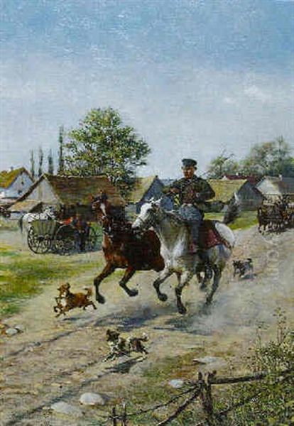 Riders And Carriages Leaving A Polish Village - view 1