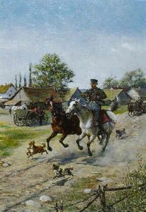 Riders And Carriages Leaving A Polish Village