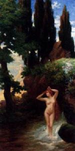 A Female Nude Bathing In A Classical Landscape