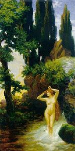 Reizvoller Madchenakt An Einer Felsquelle Mit Zypressen by Bruno Wiese