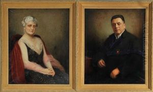 3/4-portrait Eines Sitzenden Herren Im Schwarzen Anzug Mit Lila Samtbesatz (+ 3/4-portrait Einer Sitzenden Alteren Dame Mit Roter Stola; 2 Works) by Adolf Wiesner