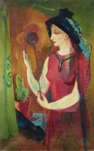 Madchen Mit Pfauenfeder by Gustav Wiethuechter