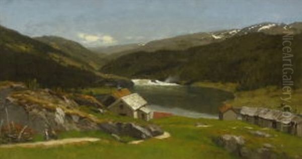 Norwegische Gebirgslandschaft Mit Bauernhausern Am See - view 1