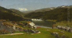 Norwegische Gebirgslandschaft Mit Bauernhausern Am See by Anders Guttormsen Wigdahl