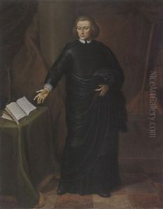 A Portrait Of A Cleric, Wearing A Black Robe With White Cuffs And Collar, Pointing Towards A Book On A Table