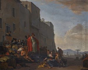A Mediterranean Harbour Scene With Oriental Merchants by Thomas Wijck