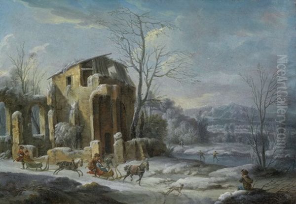 Winterlandschaft Mit Ruine Und Pferdeschlitten - view 1
