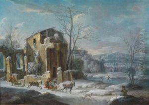 Eine Winterlandschaft Mit Reisenden In Pferdeschlitten Vor Den Ruinen Einer Burg