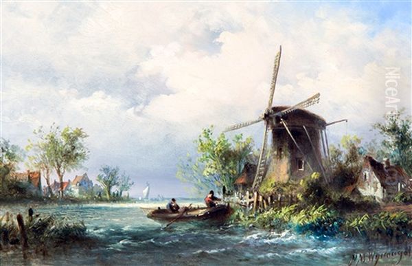 Dutch Landscape With A Rowing Boat Moored Near A Windmill - view 1