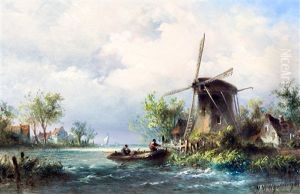 Dutch Landscape With A Rowing Boat Moored Near A Windmill