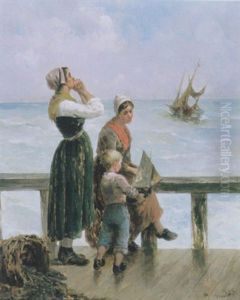 Vissersvrouwen Op De Kade by Charles Van Wijk