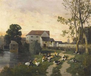 Abendliche Stimmung Mit Huhnern Am Weiher by Henri Van Wijk