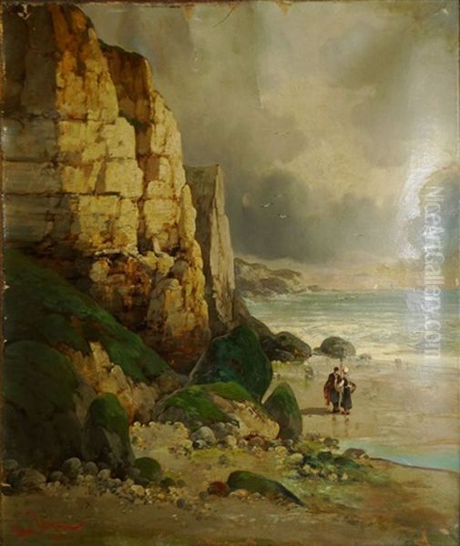 Couple De Pecheurs Devant Les Falaises En Normandie - view 1