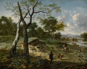 Wooded Evening Landscape With A Hunter And His Dogs, Another Hunter On Horseback Conversing With A Peasant, A Fishermen And A Falconer Carrying A Hoop Of Falcons On A Path, A Wagon And Other Figures By A Lake Beyond by Jan Wijnants