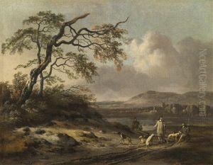 Dune Landscape With Hunters In The Foreground, A Lake And Mountains Beyond by Jan Wijnants