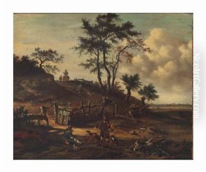 An Extensive Landscape With Falconers And Dogs On A Path by Jan Wijnants