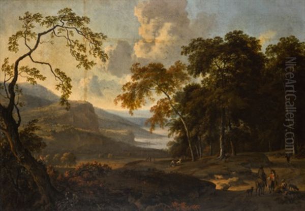 Wooded Landscape With Travellers Resting On A Path, A Distant River Landscape Beyond - view 1