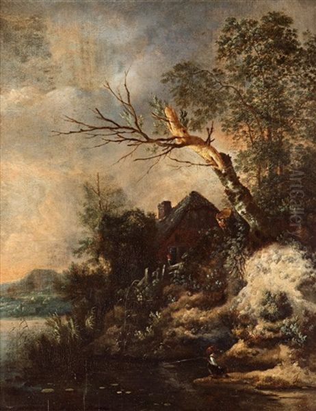 River Landscape With Figures By A Cottage - view 1