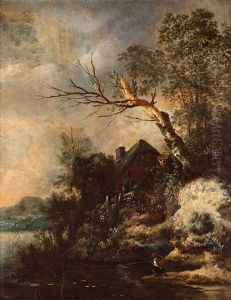 River Landscape With Figures By A Cottage by Jan Wijnants