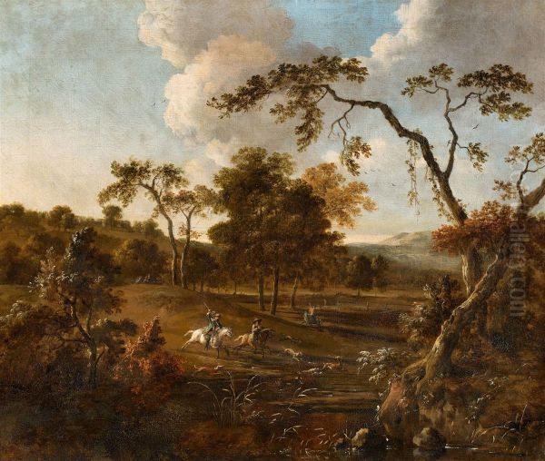 Landscape With Rolling Hills And A Stag Hunt - view 1