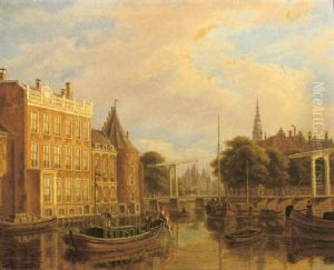 A View Of The River Of Amstel With The Nieuwmarkt And Oude Kerk, Amsterdam by Augustus Wijnantz