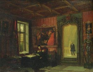 King Willem Ii Of The Netherlands Seated In His Study At The Palace Kneuterdijk, The Hague, With His Comptroller Victor Amadeo Trossarello Standing In The Doorway by Augustus Wijnantz