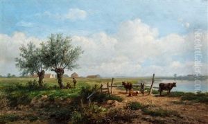 Dutch River Landscape With Resting Countryfolk And Cows by Anthonie Jacobus van Wijngaerdt