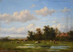 Cattle And Chicken In A Landscape by Anthonie Jacobus van Wijngaerdt