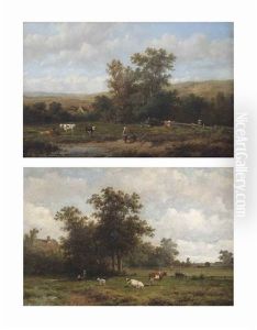Cattle In The Grassland; And Farmers In The Field by Anthonie Jacobus van Wijngaerdt