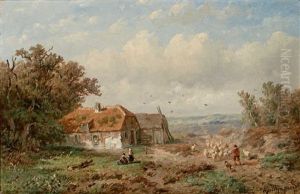 Sommerliche Landschaft Mit Malerischem Gehoft Und Schafherde
