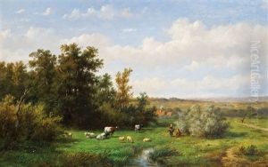 Hollandische Landschaft Im Sommer Mit Kuhen Und Schafen An Einem Kleinen Bachlauf by Anthonie Jacobus van Wijngaerdt