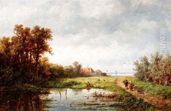 Wandelaars En Visser In Polderlandschap - view 1