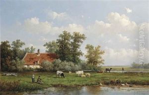 A Polder Landscape With Figures And Cattle By A Farmhouse