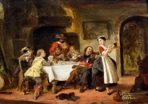 Male Revellers In An Inn Interior In 17th Century Dress Drinking, Smoking, Playing Cards And Eating, Served By A Maid - view 1