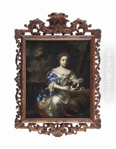Portrait Of A Lady, Said To Be Maria Simonides Van Nijs (1677(?)- 1700), In A White Satin Dress With A Blue Shawl And Pearl Jewellery, Seated With A Dog... - view 1
