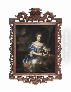 Portrait Of A Lady, Said To Be Maria Simonides Van Nijs (1677(?)- 1700), In A White Satin Dress With A Blue Shawl And Pearl Jewellery, Seated With A Dog...