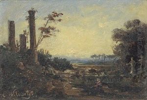 Italienische Landschaft Mit Antiken Saulen, Rechts Der Tempelruine Figurliche Staffage by Christian Wilberg