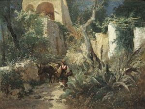 Italienisches Bergdorf Mit Bauerin Und Esel by Christian Wilberg