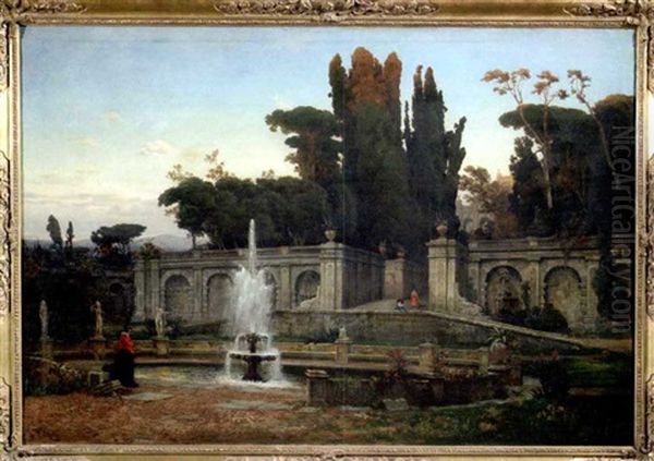 Monumentale Brunnenanlage Im Park Einer Italienischen Villa, Deren Sonnenbeschienene Bekronung Durch Die Baume Sichtbar Ist - view 1