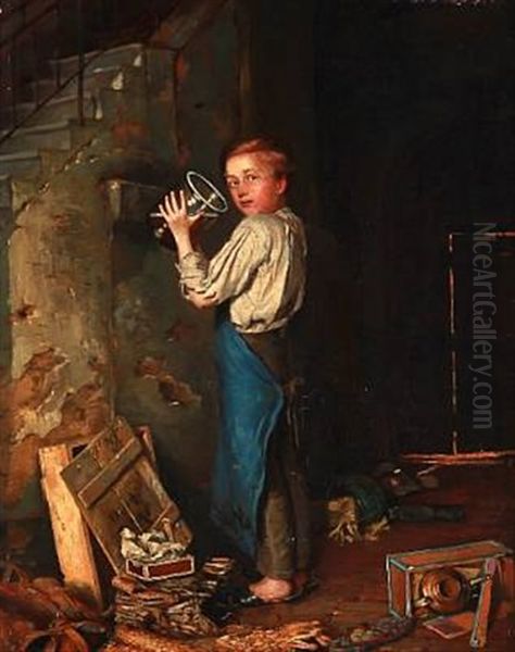 A Boy Drinking While Hiding Behind Back Stairs - view 1