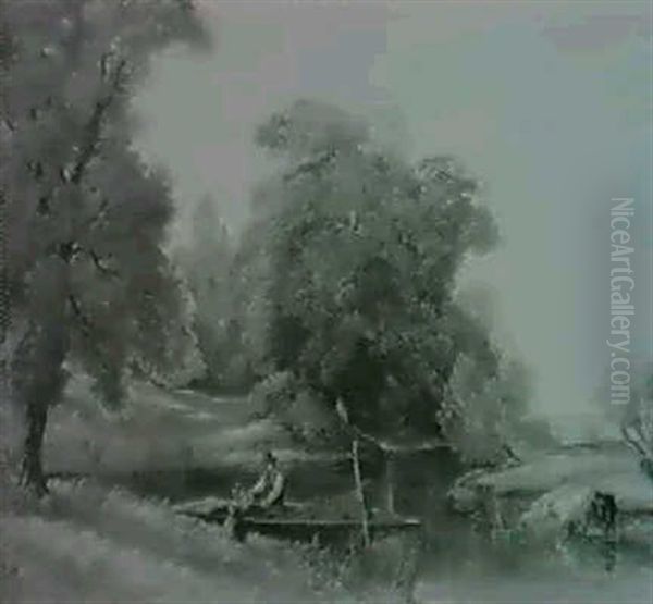 Fisherman Greeting A Child In A River Landscape - view 1