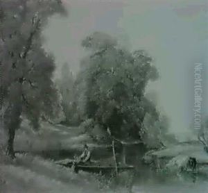 Fisherman Greeting A Child In A River Landscape by George Burrell Wilcock
