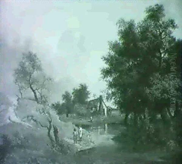 Figures Before A Cottage In A Wooded River Landscape - view 1